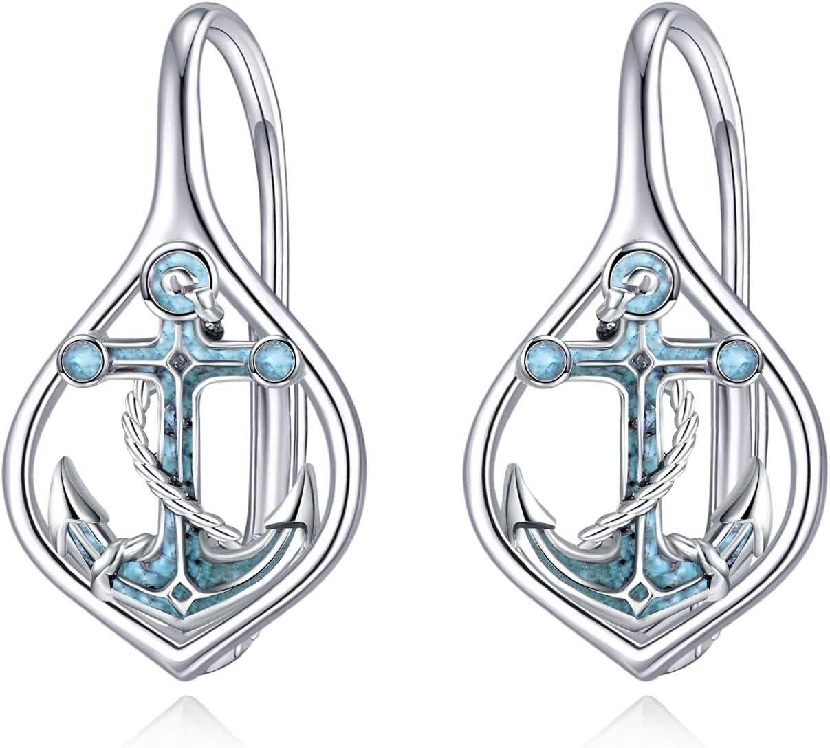 Sterling Silver Turquoise Sea Animal Dangle Earrings-04-Anchor