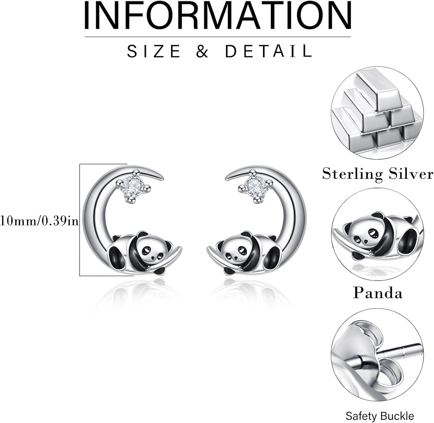 925 Sterling Silver Panda on the Moon Stud Earrings for Women - Hypoallergenic Jewelry-0-5