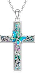 wholesale 925 Sterling Silver & Abalone Shell Butterfly Cross Filigree Necklace - 28x20mm, 18+2in Chain, Hypoallergenic Gift for Women-0-0