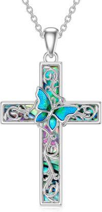 wholesale 925 Sterling Silver & Abalone Shell Butterfly Cross Filigree Necklace - 28x20mm, 18+2in Chain, Hypoallergenic Gift for Women-Butterfly