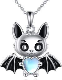 wholesale 925 Sterling Silver Bat Heart Moonstone Pendant Necklace  for Women and Girls-Halloween Style-Bat Necklace