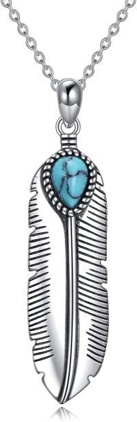 wholesale 925 Sterling Silver Turquoise Feather Pendant Necklace Boho s for Her-Feather necklace Turquoise