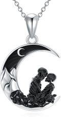 wholesale 925 Sterling Silver Crescent Moon Skulls Black Crystal Necklace Pendant-0-0
