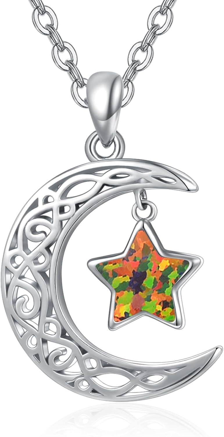 Sterling Silver Moon Star Necklace Celestial Pendant for Women-Black Opal Moon Star
