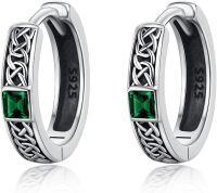 wholesale 925 Sterling Silver Green Stone Celtic Knot Huggie Hoop Earrings for Women and Men-Green Square Celtic