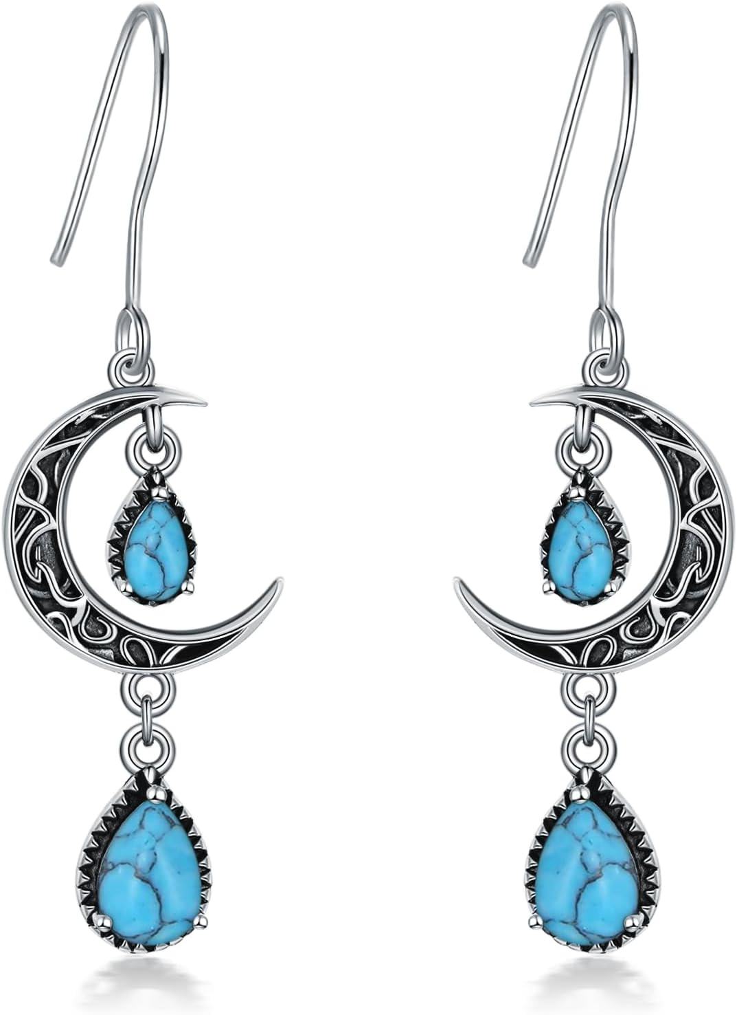 wholesale Sterling Silver Moon Earrings w Emerald Amethyst Ruby Sapphire Pink Peridot Aquamarine Citrine Black Rainbow Topaz Celtic Dangle Drops-Turquoise