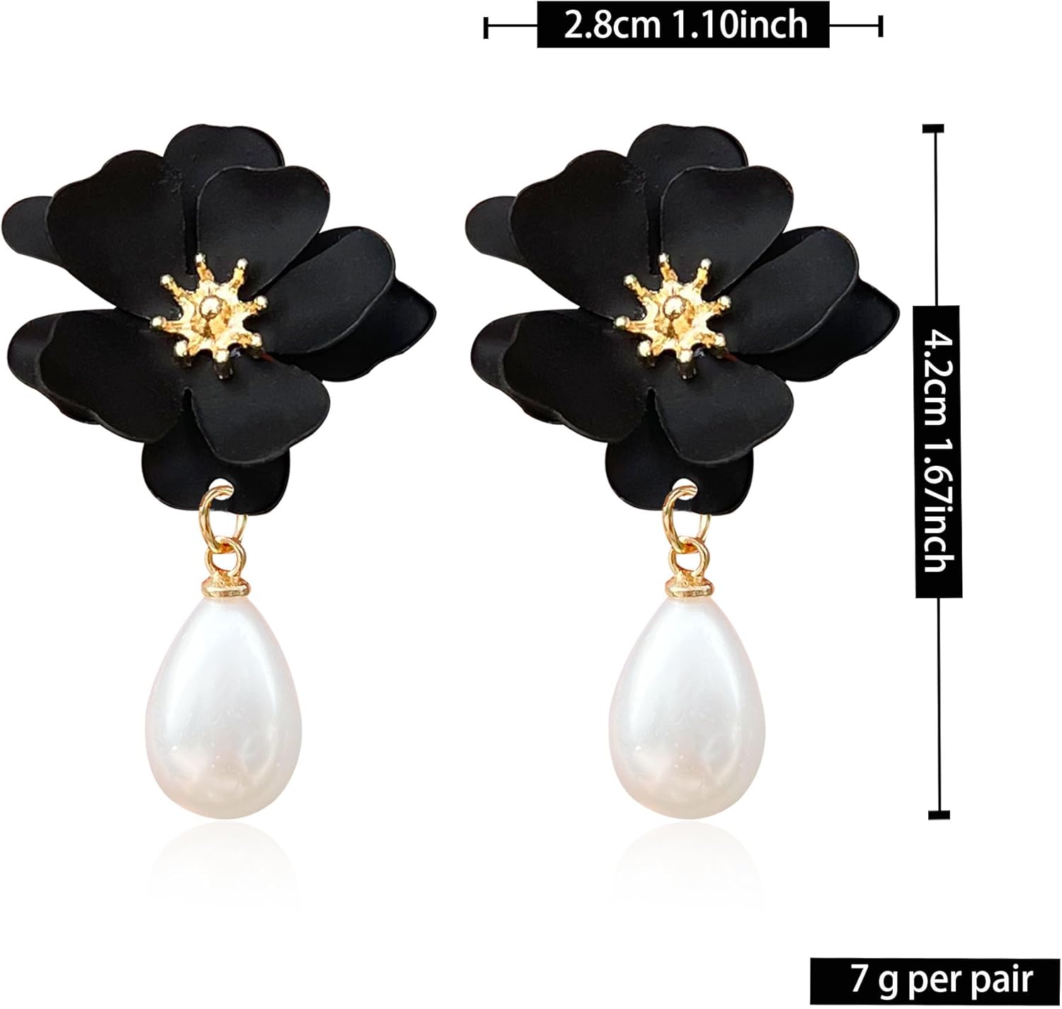 wholesale Pearl Bohemian Flower Earrings - Black Petal Studs with White Pearls for Women-0-4
