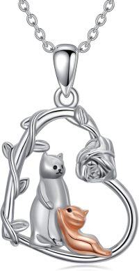 wholesale 925 Sterling Silver and Rose Gold Plated Cat & Squirrel Love Heart Pendant Necklace for Women Girls - 43cm Chain Length-Cat