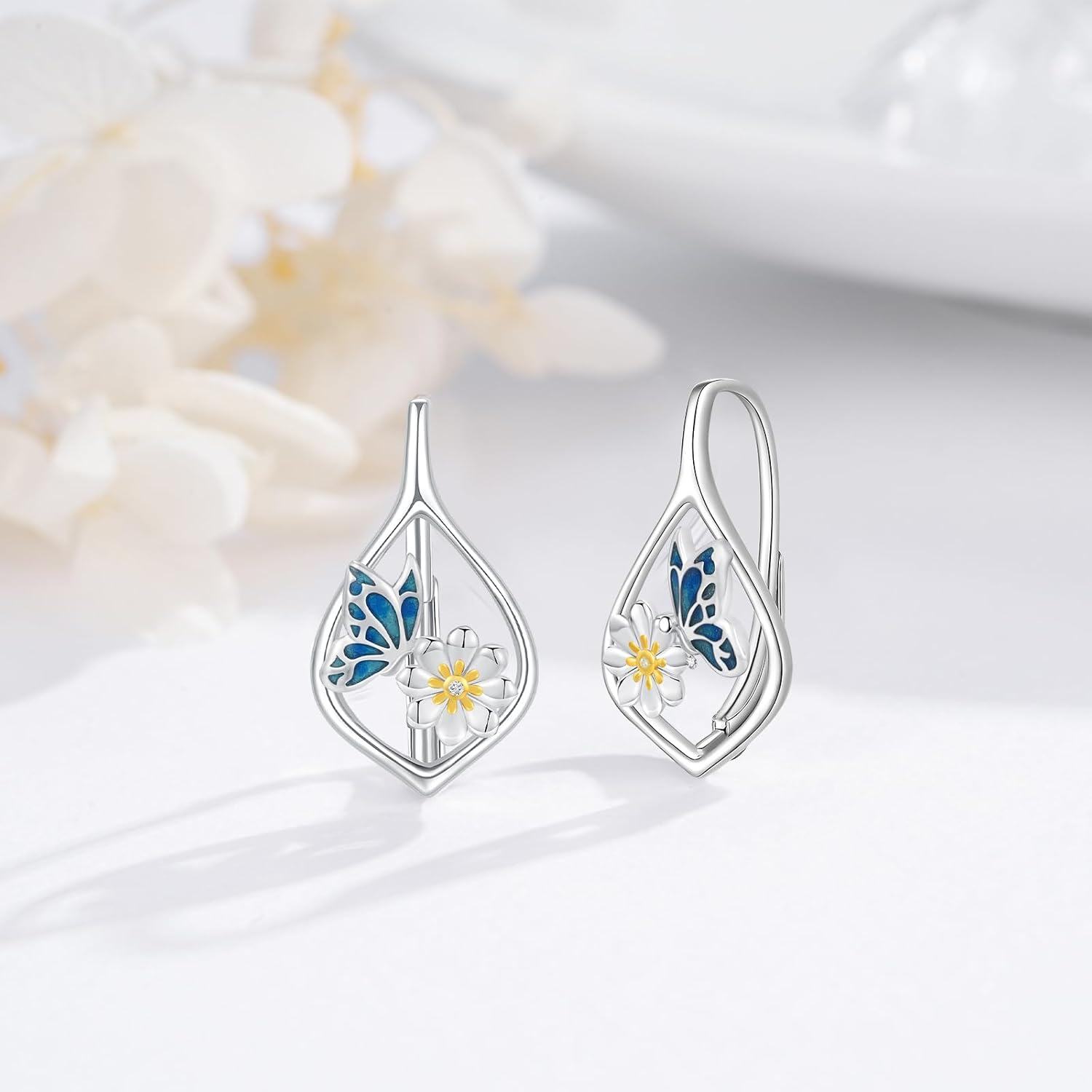 925 Sterling Silver Butterfly Flower Leverback Hoop Earrings with Enamel and Cubic Zirconia-0-2