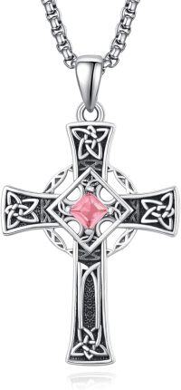 wholesale Sterling Silver Garnet Celtic Cross Necklace for Men 22 +2 Chain-Silver-October
