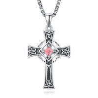 wholesale 925 Sterling Silver Garnet Celtic Cross Necklace for Men 22 +2 Chain-Silver-October