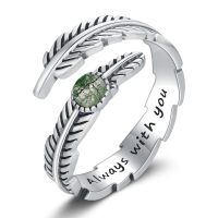 wholesale 925 Sterling Silver Turquoise Moss Agate Feather Adjustable Western Thumb Ring Vintage Jewelry Gift-Always with you-Agate