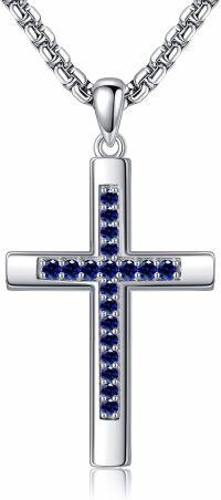 wholesale 925 Sterling Silver Birthstone Cross Necklace for Women Men-09-Sept-Sapphire