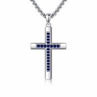 wholesale 925 Sterling Silver Birthstone Cross Necklace for Women Men -09-Sept-Sapphire