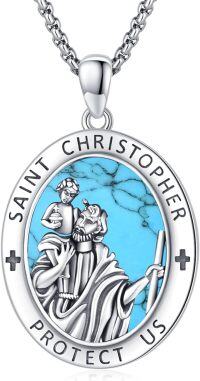 wholesale Sterling Silver Archangel Medals St Pendant Necklace for Men Women-24-St Christopher(oval turquoise)