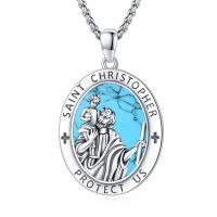 wholesale 925 Sterling Silver Archangel Medals St Pendant Necklace for Men Women-24-St Christopher(oval turquoise)