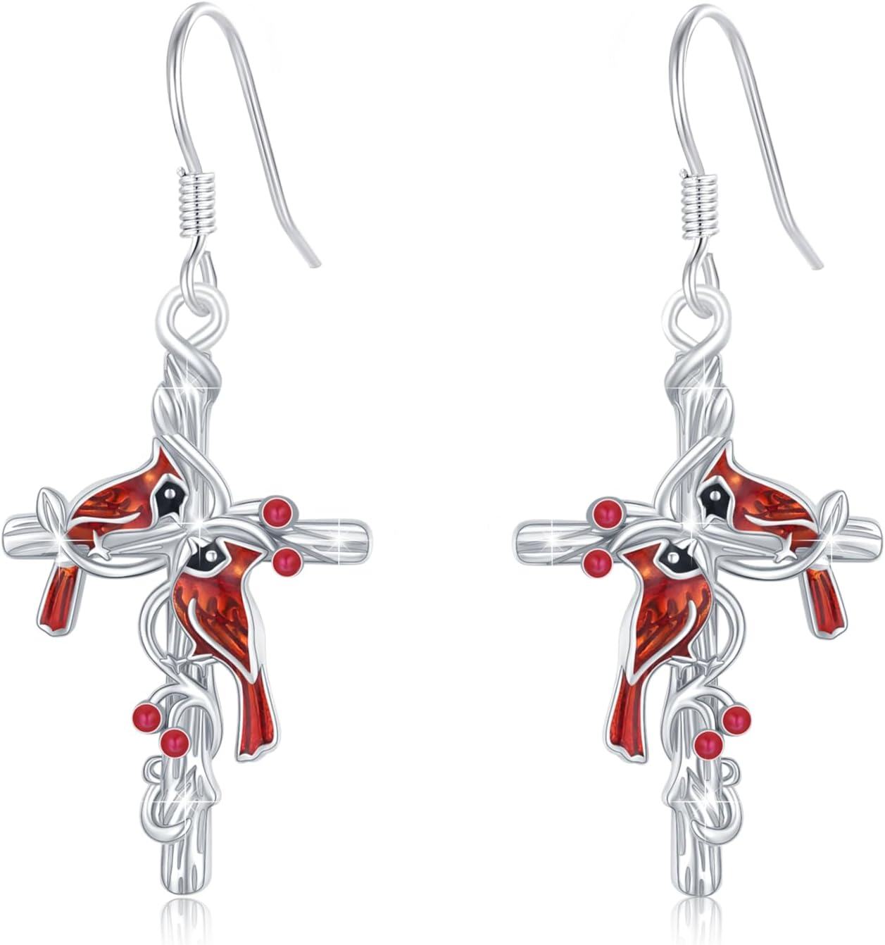 Sterling Silver Red Cardinal Cross Earrings Hypoallergenic Memorial Gift-0-0