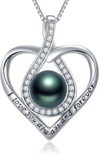 wholesale Silver 925 Sterling Silver White Gold Plated Black Freshwater Pearl Heart Pendant Necklace with Cubic Zirconia and Engraved Message Love You Always 45cm Chain Length-I Love You Always and Forever