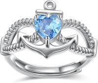 wholesale S925 Sterling Silver Anchor Ring with 1Ct Natural Aquamarine, Adjustable Love Gift for Women, Mom, Daughter - March Birthstone Jewelry for Birthday, Valentine's Day, Mother's Day-03 Mar - Aquamarine