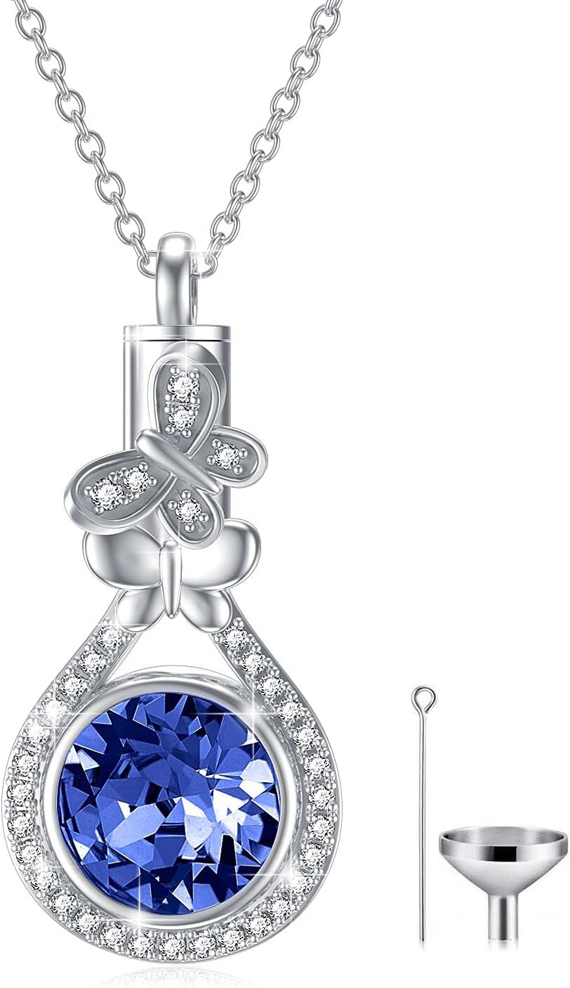 Sterling Silver Austrian Crystal Butterfly Urn Necklace for Ashes-09-Sep. Sapphire
