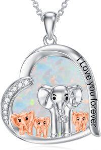 wholesale 925 Sterling Silver Opal Heart Elephant Family Pendant Necklaces for Women Girls I Love You Forever Mothers Day Gifts-02-Elephant with 3 Cubs White Opal