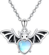 wholesale 925 Sterling Silver Heart-Shaped Moonstone Bat Pendant Necklace for Women Girls  48cm Chain Length-Bat