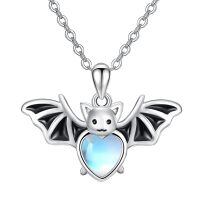 wholesale 925 Sterling Silver Heart-Shaped Moonstone Bat Pendant Necklace for Women Girls  48cm Chain Length-Bat