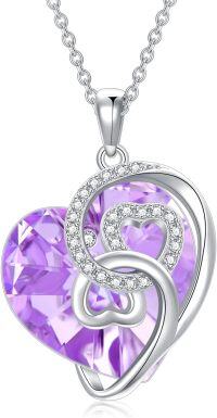 wholesale 925 Sterling Silver Purple Crystal Double Heart Pendant Necklace Gift for Her-Purple