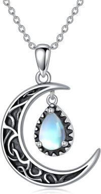 wholesale Sterling Silver Emerald Red Purple Black Rainbow Topaz Green Aquamarine Blue Moss Agate Celtic Moon Teardrop Necklace-Moonstone