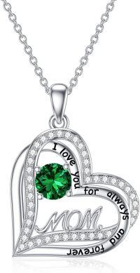 wholesale 925 Sterling Silver & Birthstone Mom Heart Pendant Necklace - I Love You Always Forever Gift for Mother Wife Grandma-05 May - Emerald