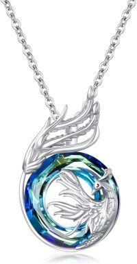 wholesale 925 Sterling Silver Phoenix Round Cut Glass Necklace with Chain 24 - Gift Boxed-Blue-Phoenix
