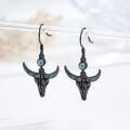 wholesale 925 Sterling Silver Black Plated Turquoise Bull Skull Drop Earrings-0-2
