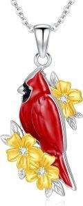 wholesale 925 Sterling Silver Red Enamel Cardinal Pendant with Yellow Flowers and Cubic Zirconia Stones Necklaces for Women-0-0