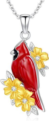 wholesale 925 Sterling Silver Red Enamel Cardinal Pendant with Yellow Flowers and Cubic Zirconia Stones Necklaces for Women-Style A