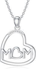 wholesale 925 Sterling Silver MOM Heart Pendant Necklace with Cubic Zirconia Stones for Mother's Day Gift-0-0