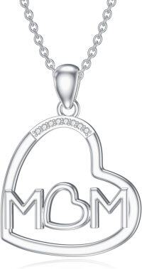 wholesale 925 Sterling Silver MOM Heart Pendant Necklace with Cubic Zirconia Stones for Mother's Day Gift-B