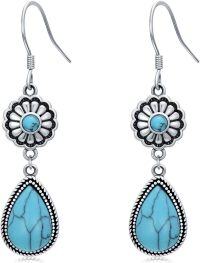 wholesale 925 Sterling Silver Teardrop Turquoise Flower Drop Earrings for Women-Turquoise-1