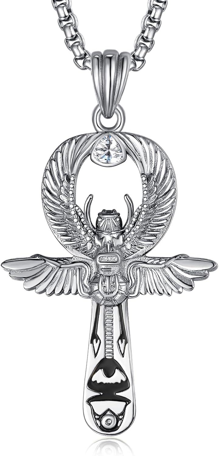 wholesale 925 Sterling Silver Egyptian Scarab Ankh Cross Pendant with Cubic Zirconia and 3mm Box Chain - Mens  Set (Silver)-0-0