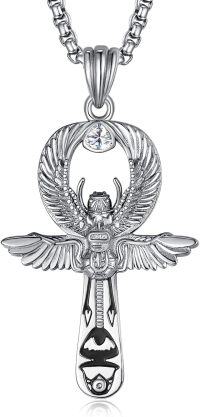 wholesale 925 Sterling Silver Egyptian Scarab Ankh Cross Pendant with Cubic Zirconia and 3mm Box Chain - Mens  Set (Silver)-Oxidized Silver