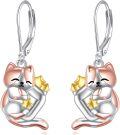 wholesale 925 Sterling Silver Cat Dangle Earrings with Enamel and Gold Accents - Cute Kitty Gifts for Women-0-0