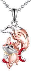 wholesale 925 Sterling Silver Cartoon Fox Pendant Necklace with Red Accents and Crystal Eyes-0-0