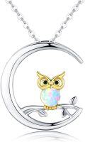 wholesale 925 Sterling Silver Opal Owl on Branch in Crescent Moon Pendant Necklace-0-0