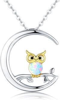 wholesale 925 Sterling Silver Opal Owl on Branch in Crescent Moon Pendant Necklace-Chain