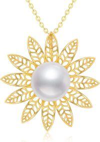 wholesale 14K Gold Pearl Pendant Necklace with Leaf Design and White Stone - Elegant Jewelry for Women (Length: Adjustable)-Flower