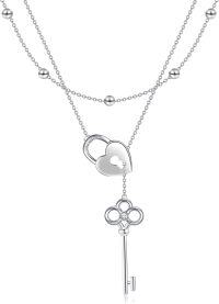wholesale 925 Sterling Silver Heart Key Pendant Double Chain Lariat Necklaces Gifts for Women-Lock and Key-B