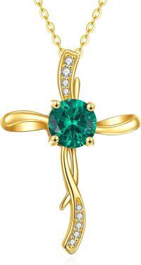 wholesale 14K Gold Women's Cross Necklace with Cubic Zirconia Infinity Crucifix Pendant - Baptism Faith  for Mom Wife GF (18 Chain)-1CT Emerald Cross