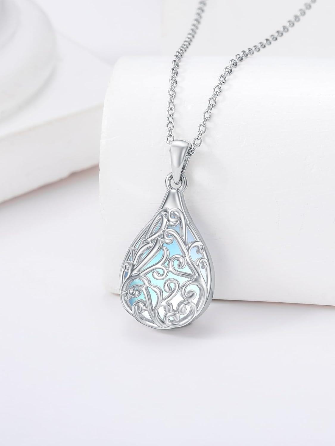 Sterling Silver Moonstone Lotus Filigree Pendant Necklace-0-3