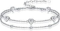 wholesale 925 Sterling Silver with 5A Cubic Zirconia April Birthstone Double Strand Heart Charm Bracelet for Women-04-Apr.-Diamond