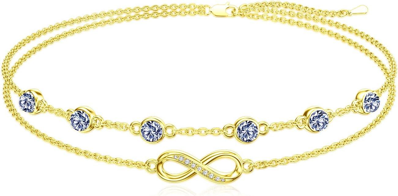 Sterling Silver Birthstone Women s Anklet Bracelets Infinity Butterfly Evil Eye Turtle Pineapple Starfish Heart-Bracelet 7"-9"-Infinity 06-Light Purple-Yellow Gold