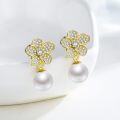 wholesale 925 Sterling Silver Plated Gold  Flower Pearl Stud Earrings-0-1